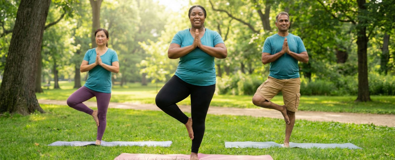 Three diverse women in tree pose doing yoga in park, celebrating bodies of all ages and sizes in balance and strength