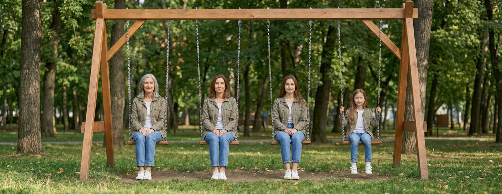 Same woman shown at four life stages sitting on swings, representing healing across a lifetime