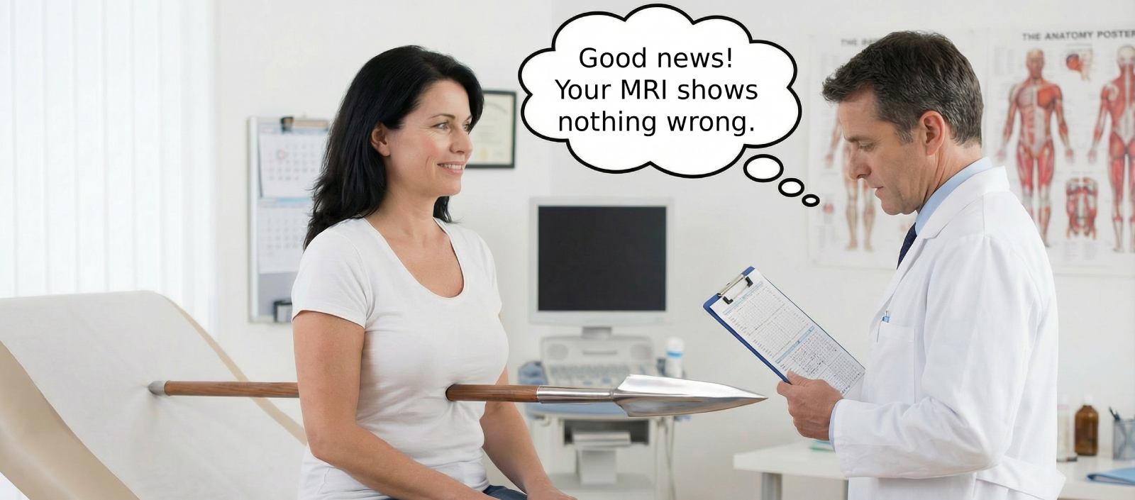 Woman at doctor's office with thought bubble saying 'Good news! Your MRI shows nothing wrong' - illustrating the frustration of medically unexplained chronic pain