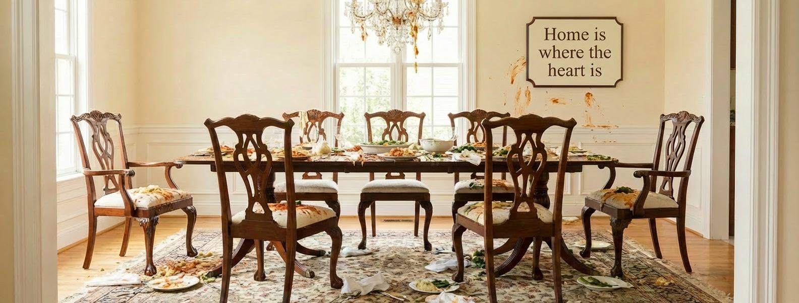 Elegant dining room after family food fight with 'Home is where the heart is' sign - representing the gap between family ideals and messy reality