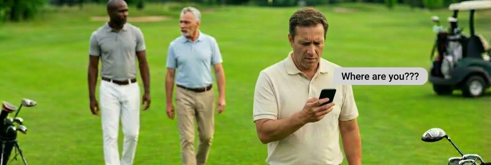 Man on golf course checking phone with text from wife asking 'Where are you???' showing the constant pull between personal time and family demands