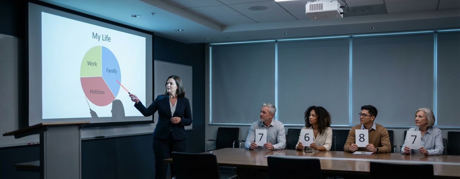 Woman presenting 'My Life' pie chart to panel holding rating cards, illustrating the exhaustion of constantly being judged and having to prove your worth